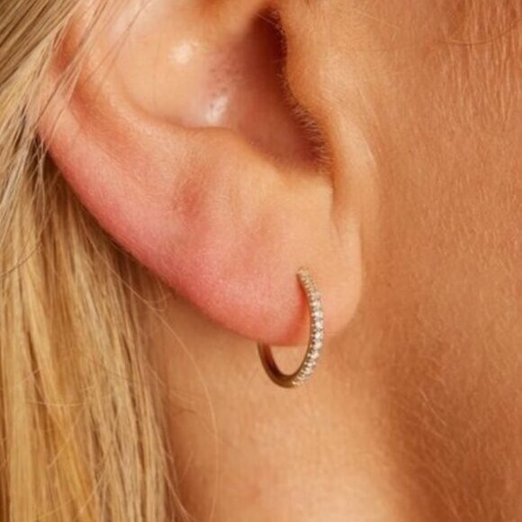 Gold Pavé Huggie Hoop Earrings 18K on 925 Sterling Silver CZ Everyday Jewelry - Picture 4 of 14